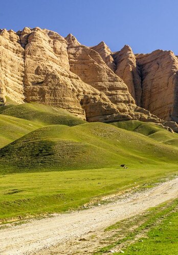 Sanfte Hügel und schroffe Felsen entlang des Trails Richtung nächste Etappe durch Kirgistan. Offroad Kirgistan  | © 4x4 Exploring GmbH