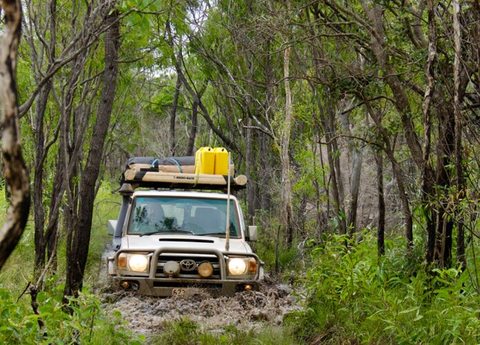 Eine schlammige Durchfahrt mit Allradfahrzeug. Das Fahrzeug schiebt eine Schlammflut vor sich hin. Offroad Cape York Australien | © 4x4 Exploring GmbH